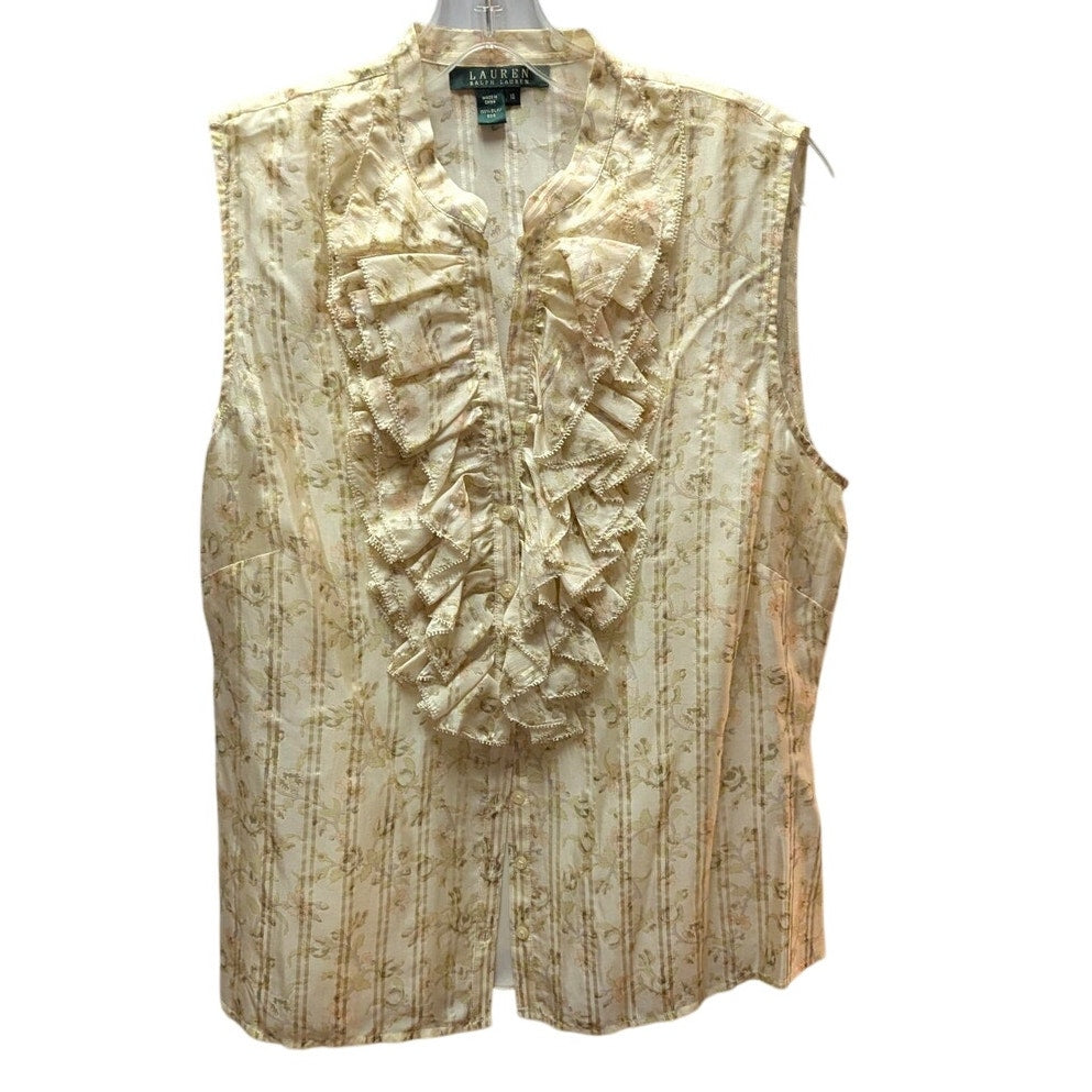 Lauren Ralph Lauren Floral Ruffle Silk Blouse Womens 10 Ivory Sleeveless Shell Top
