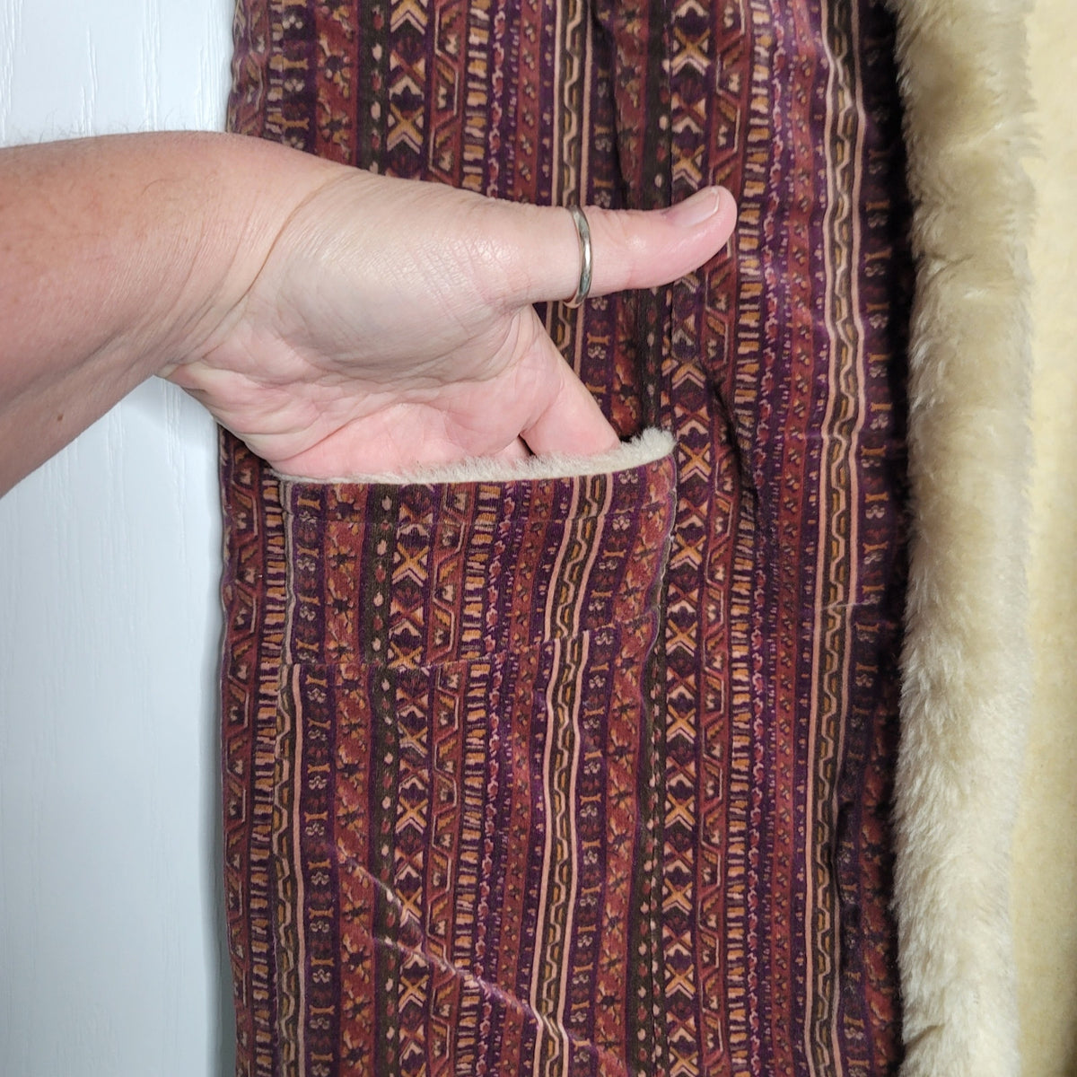 Vintage 1970s Fleece lined vest boho front pockets geometric stripes Japanese