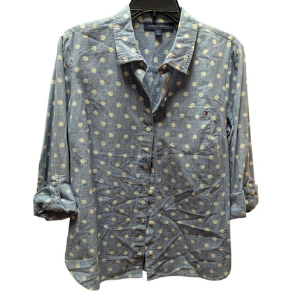 Tommy Hilfiger Blue White Polka Dot Chambray Button-Down Shirt Top Small NEW y2k