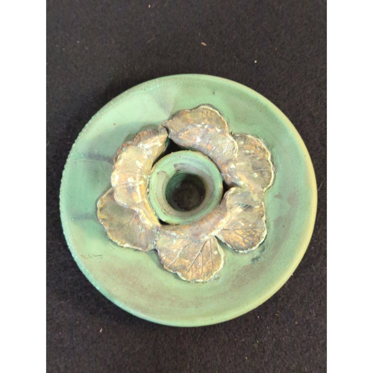 Art Pottery studio signed Elaine candle holder Green Leaf Design Natural
