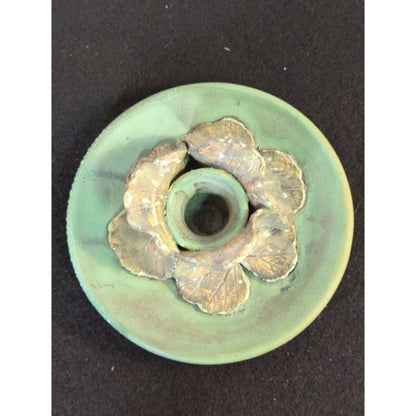 Art Pottery studio signed Elaine candle holder Green Leaf Design Natural