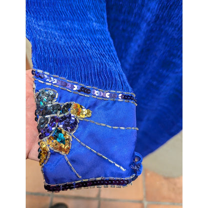 Vintage Nuit Micro Pleat Cocktail Arm cuff Sequin Dress Size 8 Blue Long Sleeve
