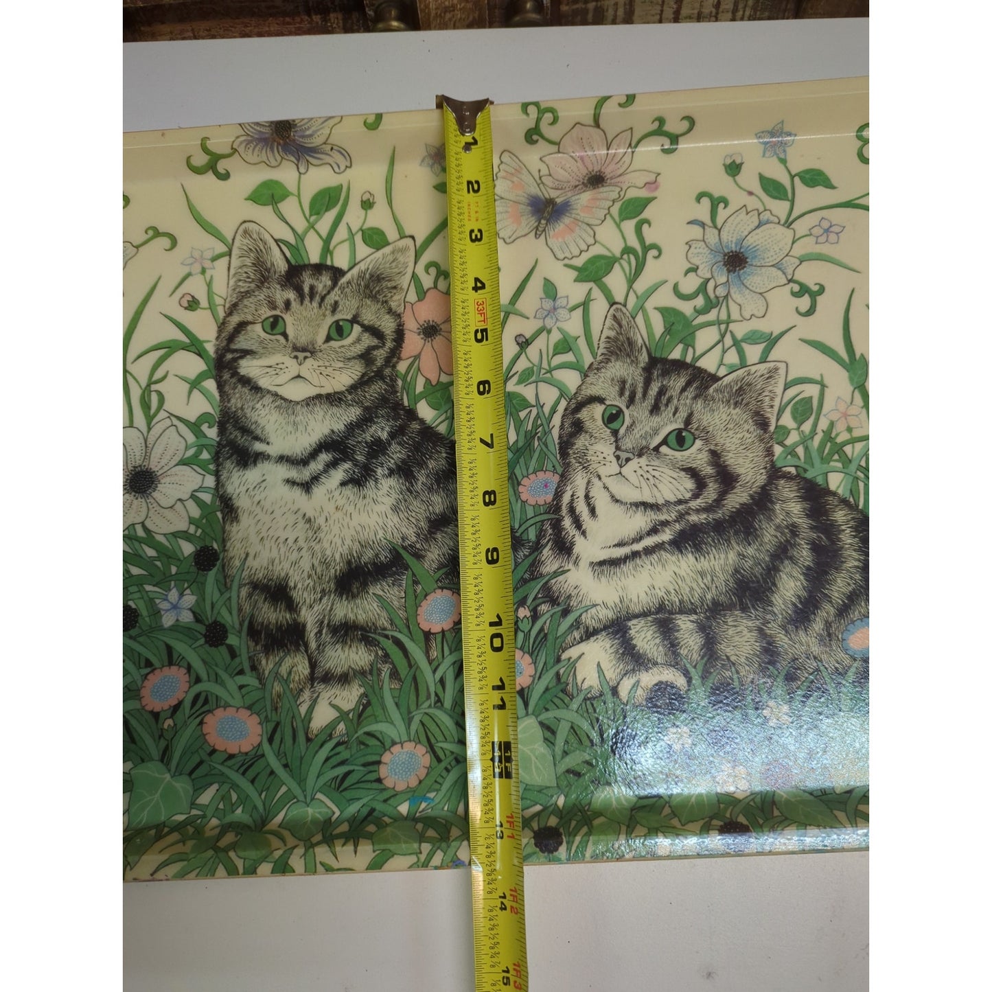 vintage 1970s Mikasa fiberglass serving tray floral design two gray tabby cats
