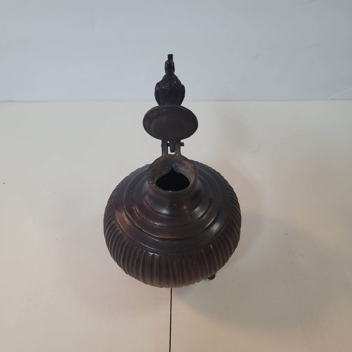 Vintage Ornate Kohl Pot Brass Bronze Tri-Footed INKWELL Hinged Bird Peacock Lid