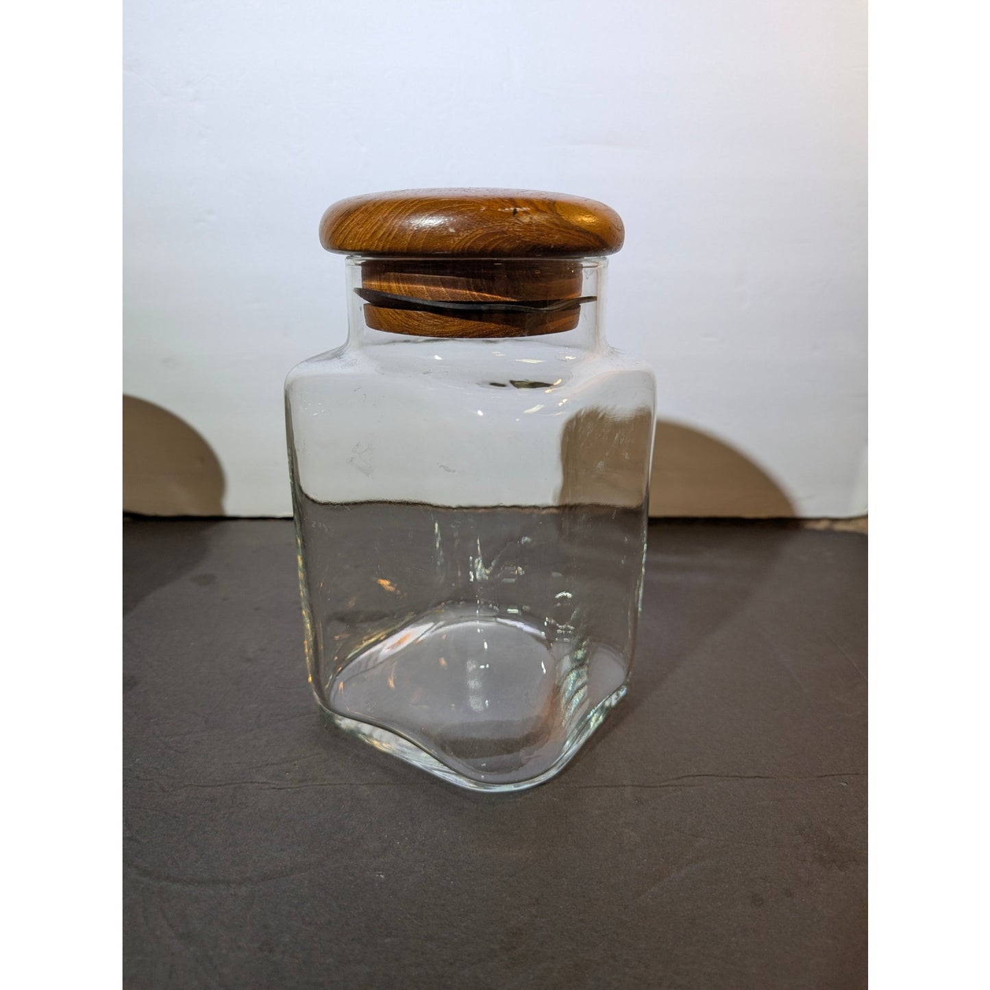 Vintage MCM Clear Glass Canister with Teak Sealed Lid 8" apothecary boudoir