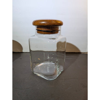 Vintage MCM Clear Glass Canister with Teak Sealed Lid 8" apothecary boudoir