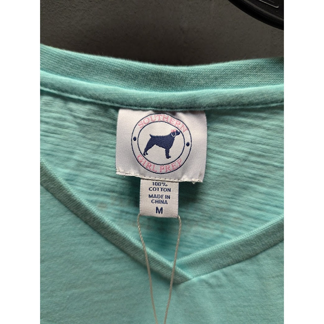 Southern Girl Prep MEDIUM NEW SHORT  Sleeve Shirt Cotton TEAL BLUE WHITE STRIPE