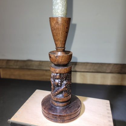 Vintage 7" Hand carved wood taper candlestick holder Carved Tribal figure