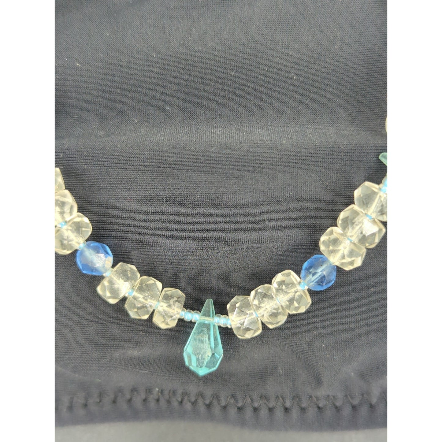 Vintage Blue & Clear Crystal Beaded Strand Necklace Drops Mid-Century Boho