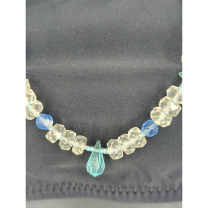 Vintage Blue & Clear Crystal Beaded Strand Necklace Drops Mid-Century Boho