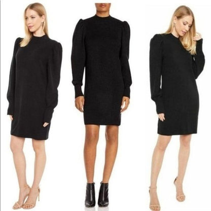 WayF Lola Puff Sleeve Sweater Dress XL Black NEW Mock Neck Stretchy Stylish