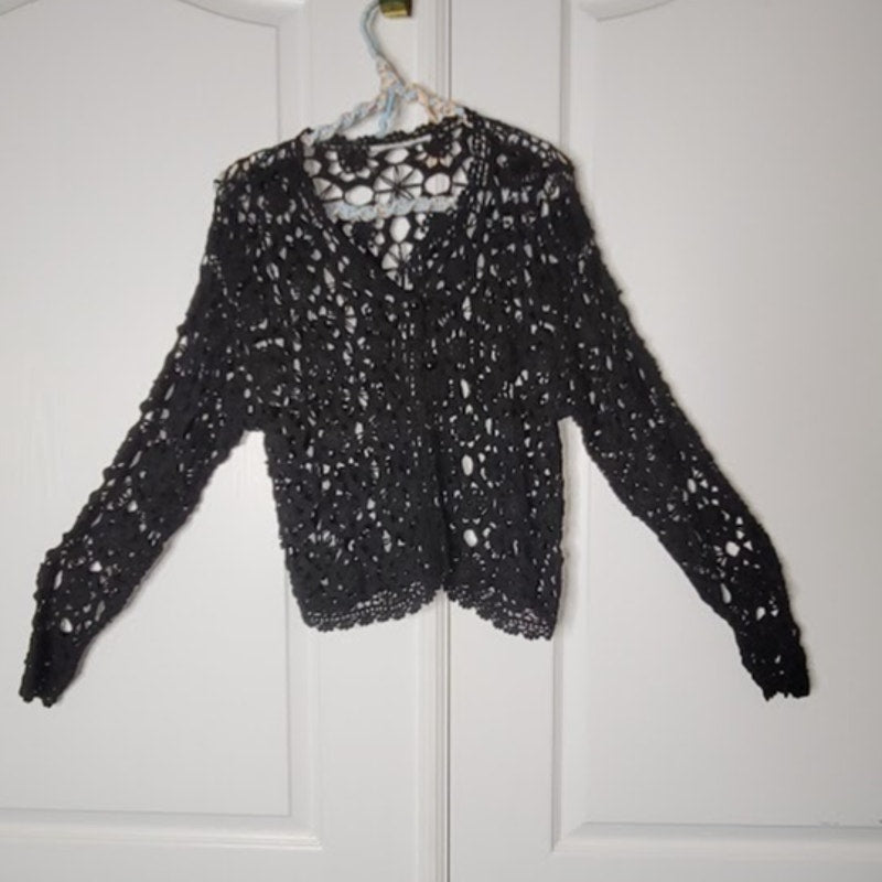 Chico's Black Crochet Open Front Cardigan Top Scalloped Edge Large / XL FESTIVAL