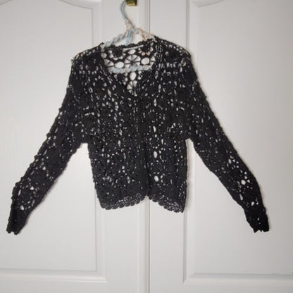 Chico's Black Crochet Open Front Cardigan Top Scalloped Edge Large / XL FESTIVAL
