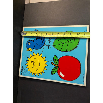 Vintage 1985 Playskool Wood Inlay Tray 1-3 yr old Puzzle Sun Bird Apple Leaf USA