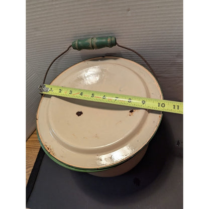 Vintage 1940's Cream Green Enamelware Pail Chamber Pot Slop Jar Wood Handle