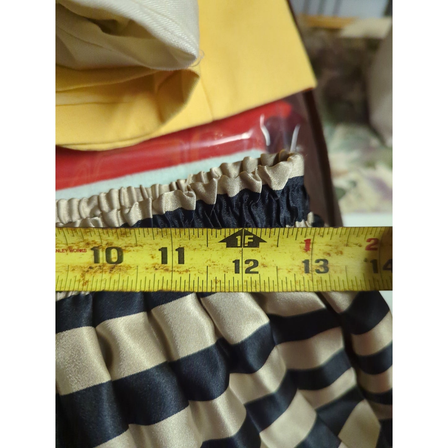 Russ Vintage Pleated Midi Skirt Size 12 Black & Tan Striped Satin Made in USA