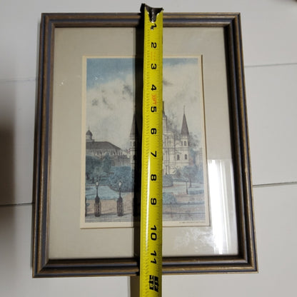 1983 Archies Sketch St. Louis Cathedral New Orleans Blue Framed Print 11.6"x9.6"