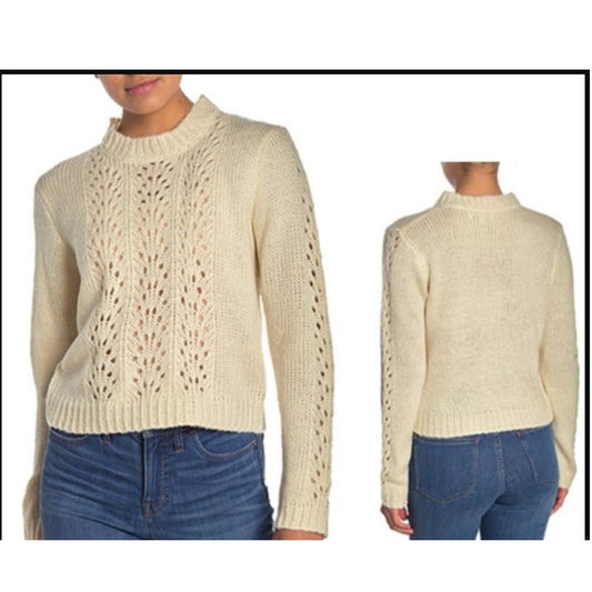 Nordstrom Woven Heart Pullover Sweater Ivory Large NEW Knit Open Weave
