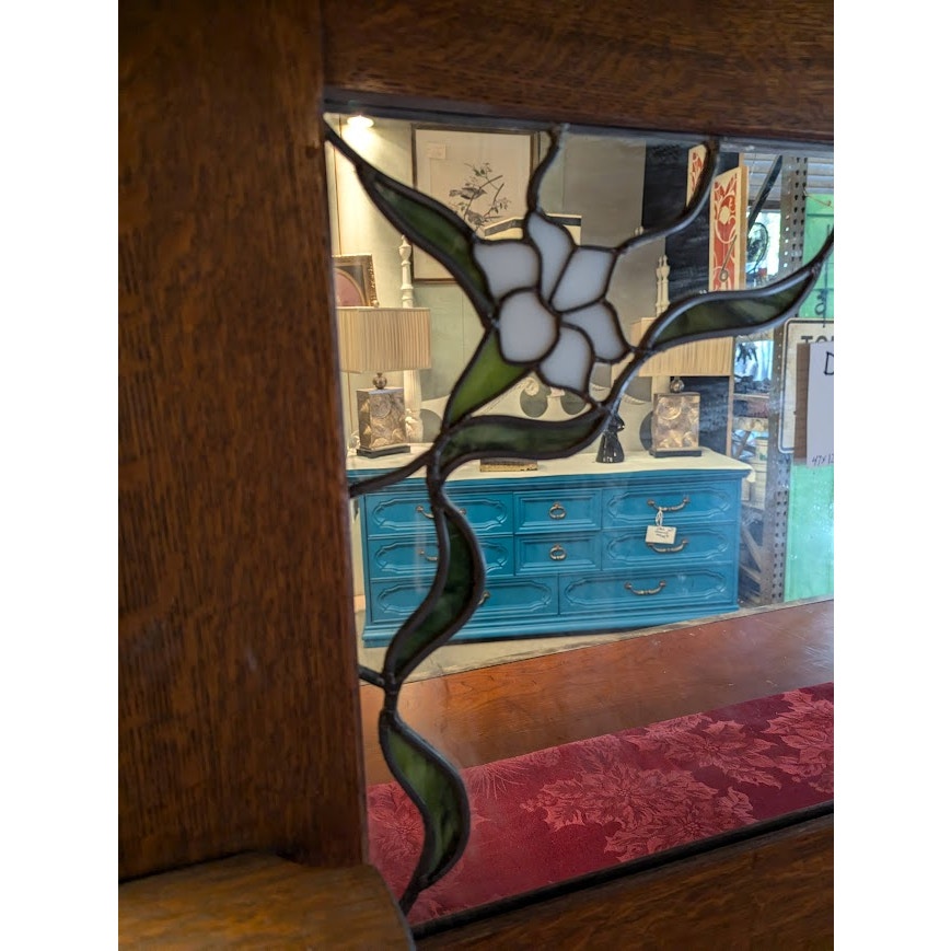Secondhand Sandies: Buffet/ sideboard Mirror topper shelf stained glass tiger oak wood 47x12x27.6