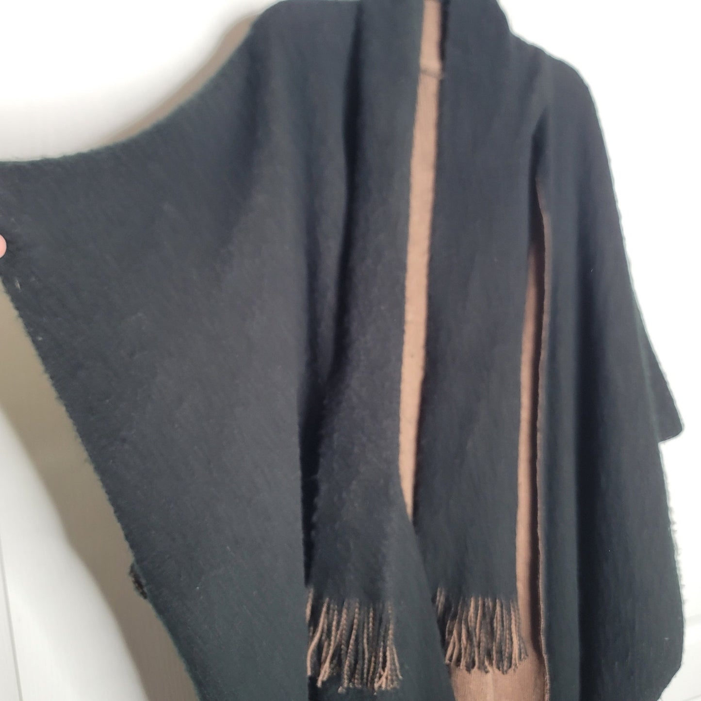 Shawl One Size Black Brown Reversible long Sweater Wrap Fringe Fuzzy Armholes