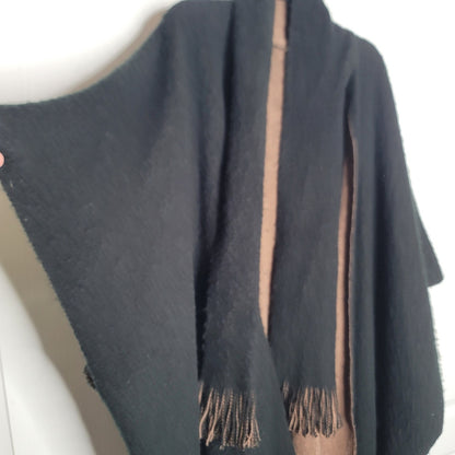 Shawl One Size Black Brown Reversible long Sweater Wrap Fringe Fuzzy Armholes