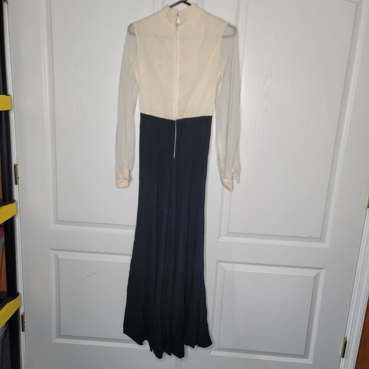 Vintage Poly Chiffon Jumpsuit Cream Black Small/XS 1960's Cocktail Pleated sheer