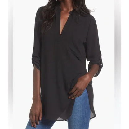 All in Favor Size Small Black Blouse Top Roll Tab Sleeve V Neck Career Round Hem