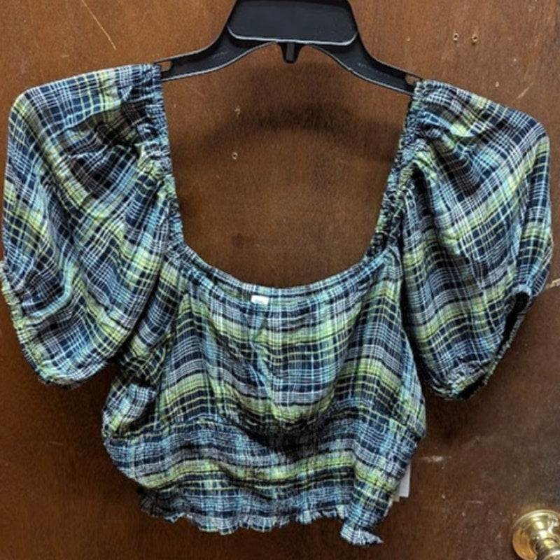 NEW BP Womens Smock Crop Top Green Size Medium Plaid Square Neck Puff Sleeve