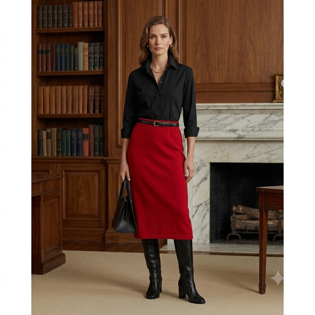 Vintage Preston & York Red Merino Wool Knit Midi Skirt Medium Academic Luxury