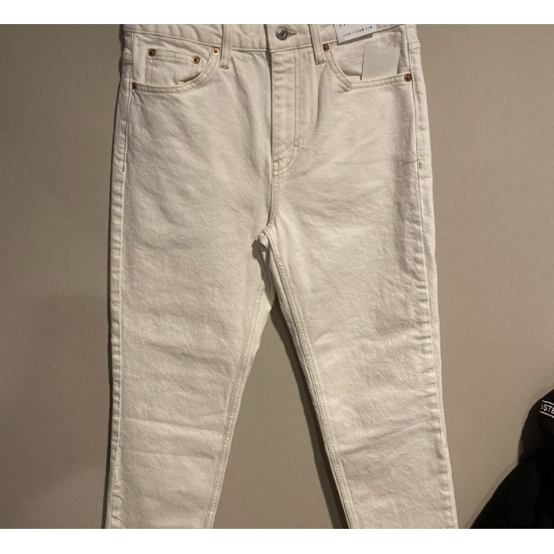 TOPSHOP Hi Waist Straight Leg Raw Hem Cream gold stitching Jeans Sz 8 Nwt 30x30