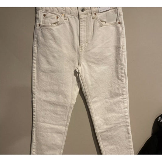 TOPSHOP Hi Waist Straight Leg Raw Hem Cream gold stitching Jeans Sz 8 Nwt 30x30
