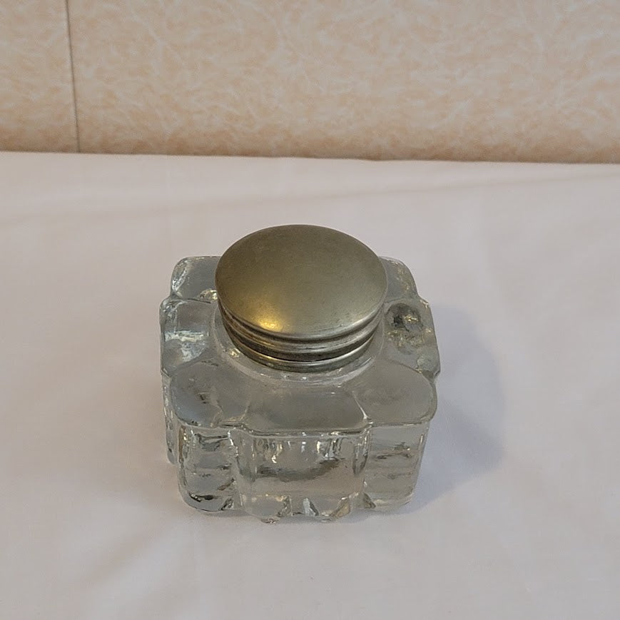 Inkwell With Clear Molded Glass Silver Plate lid Square Cut Glass 3x2.5x1.5 In