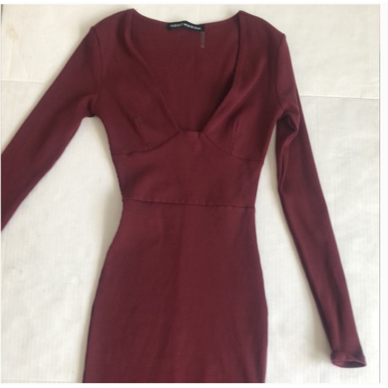 Naked Wardrobe NEW Wine Ribbed Long Sleeve Small BodyCon Dress Cocktail Party