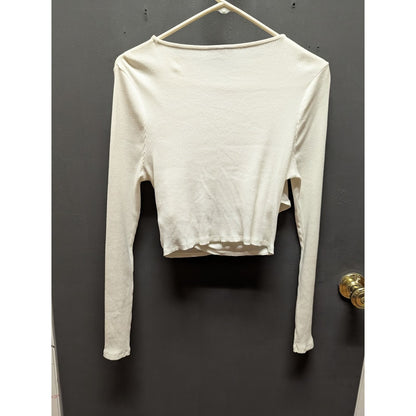 Topshop Size 10 Ivory ribbled long sleeve shirt top layering faux wrap cropped