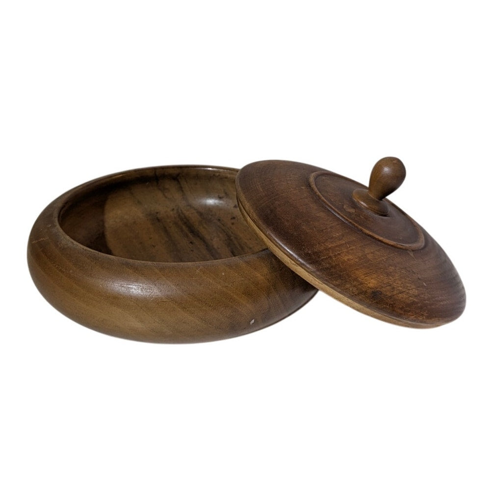Vintage Hand-Turned Walnut Wood Lidded Trinket Bowl Mid-Century Modern Boho