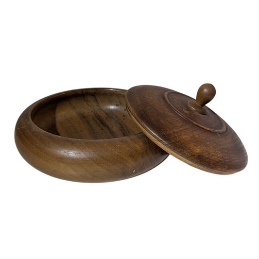 Vintage Hand-Turned Walnut Wood Lidded Trinket Bowl Mid-Century Modern Boho