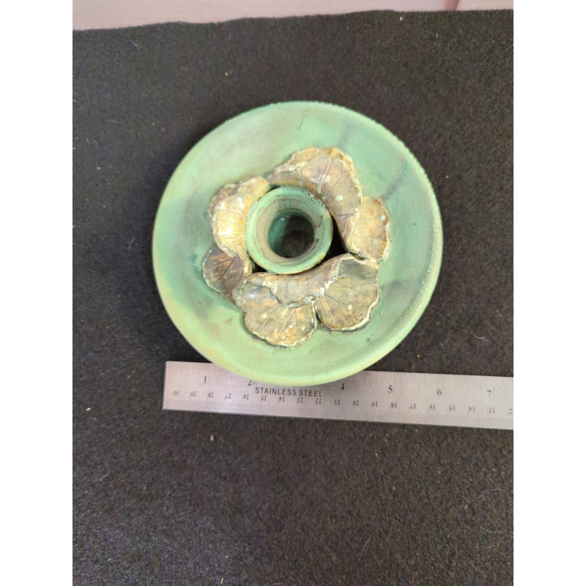 Art Pottery studio signed Elaine candle holder Green Leaf Design Natural