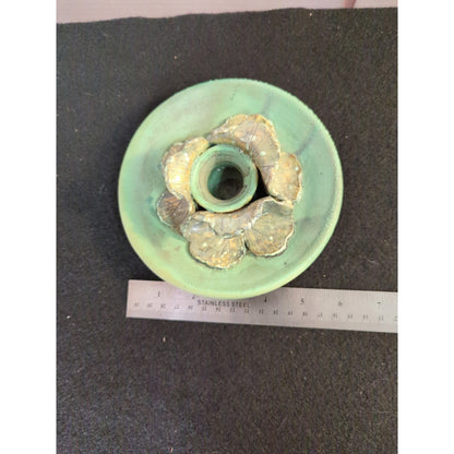 Art Pottery studio signed Elaine candle holder Green Leaf Design Natural