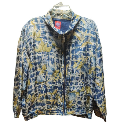 Active Studio Vintage Blue Gold Abstract Floral 100% Silk Bomber Jacket XL Y2K