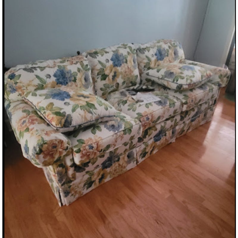 Secondhand Sandies: Traditional Rolled-Arm Skirted Floral Sofa Yellow West Palm Vibes