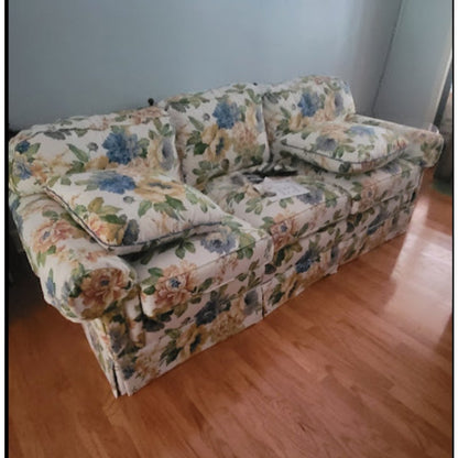Secondhand Sandies: Traditional Rolled-Arm Skirted Floral Sofa Yellow West Palm Vibes