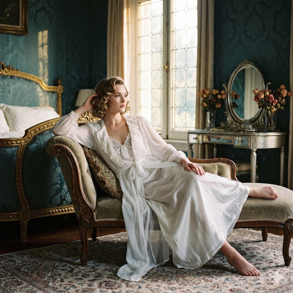 Etienne White Lace Puff Sleeve Rob Set Negligee Pajama Large Peignoir Honeymoon