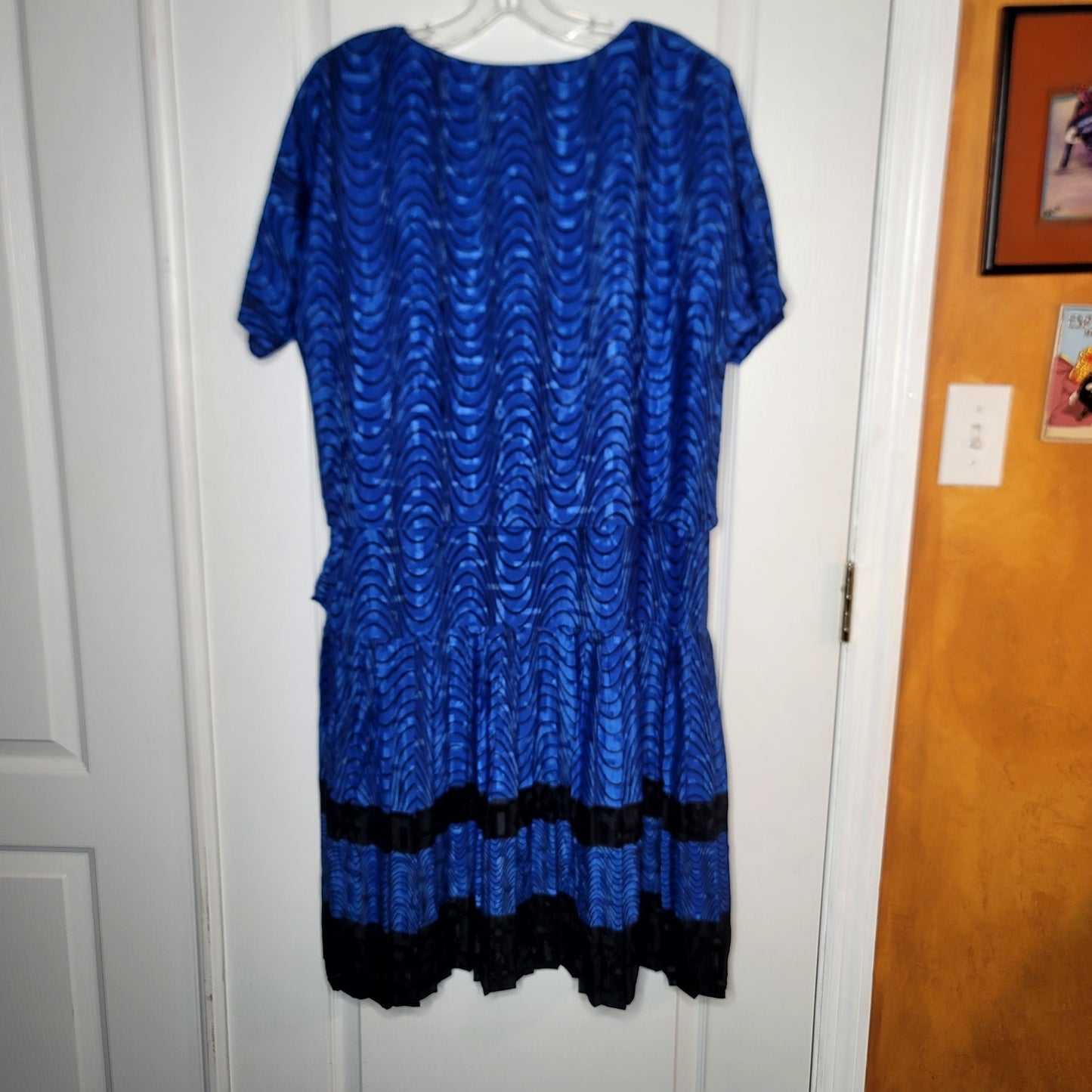 Vintage 80s blue black Shiny peplum bottom drop waist geometric Dress Large Poly