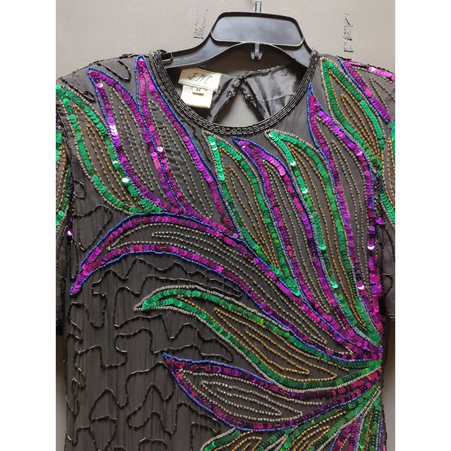 Vintage 1980 Sequin Silk Beaded cocktail Black dress green Design purple Medium