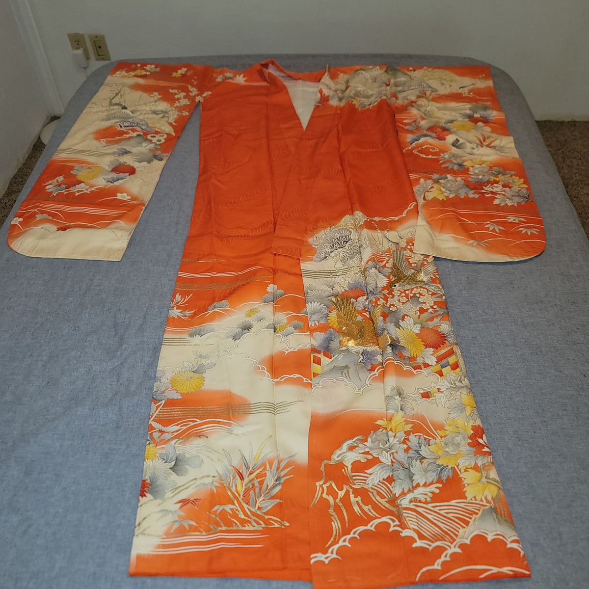 Vintage Silk Furisode (long sleeve) Kimono Robe Orange Gold Silver Embroidery