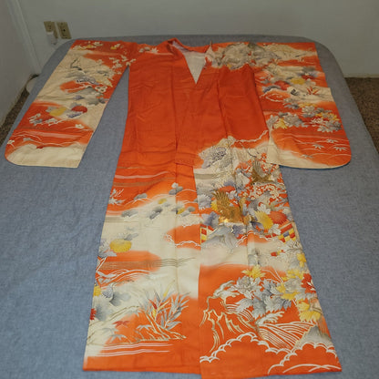 Vintage Silk Furisode (long sleeve) Kimono Robe Orange Gold Silver Embroidery