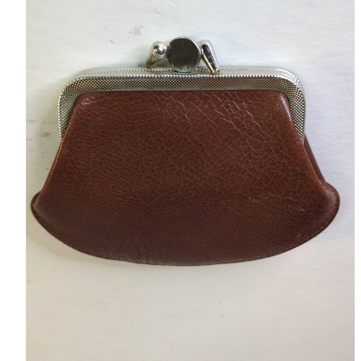 Vintage Brown Leather Double Kiss Lock Change Coin Purse