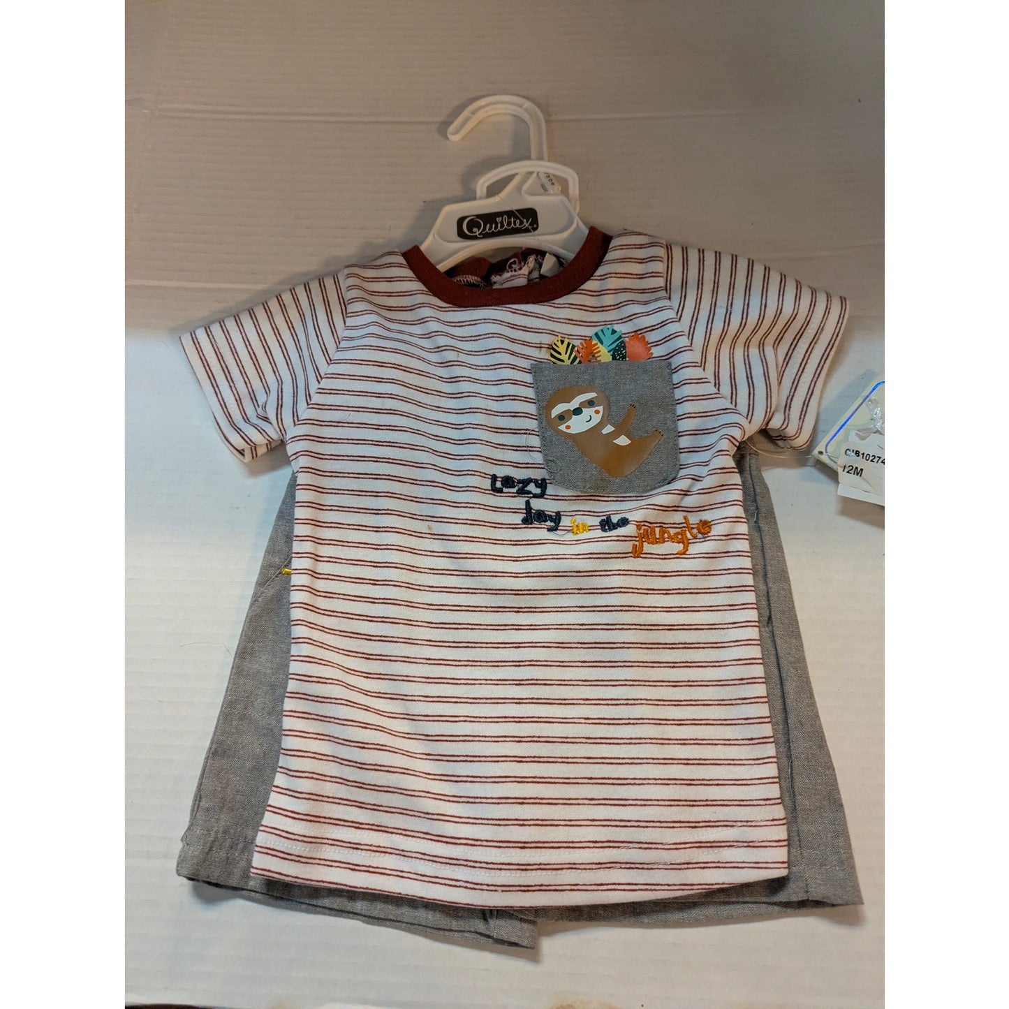NWT Quiltex Baby Boys Sloth Stripe T-Shirt & Shorts Set 12 Months