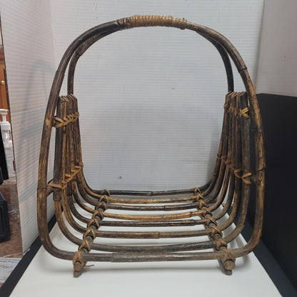 Vintage MCM wood Bamboo magazine rack large rattan wicker 17" tall catch all