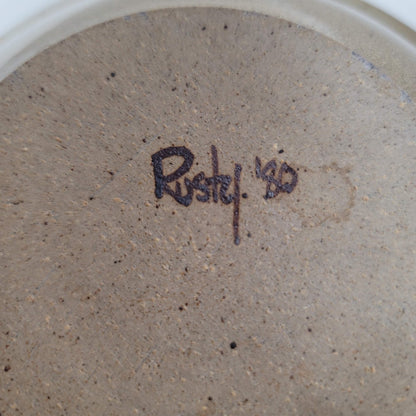 Handmade 1980s art pottery earthtone Signed Rusty 80 bowl 8.5" Brown Cream Tan
